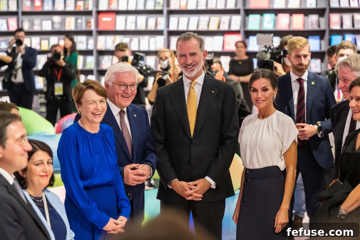 King Felipe VI and Queen Letizia of Spain visit the Spanish pavilion after the opening of the 2022 Frankfurt Book Fair.