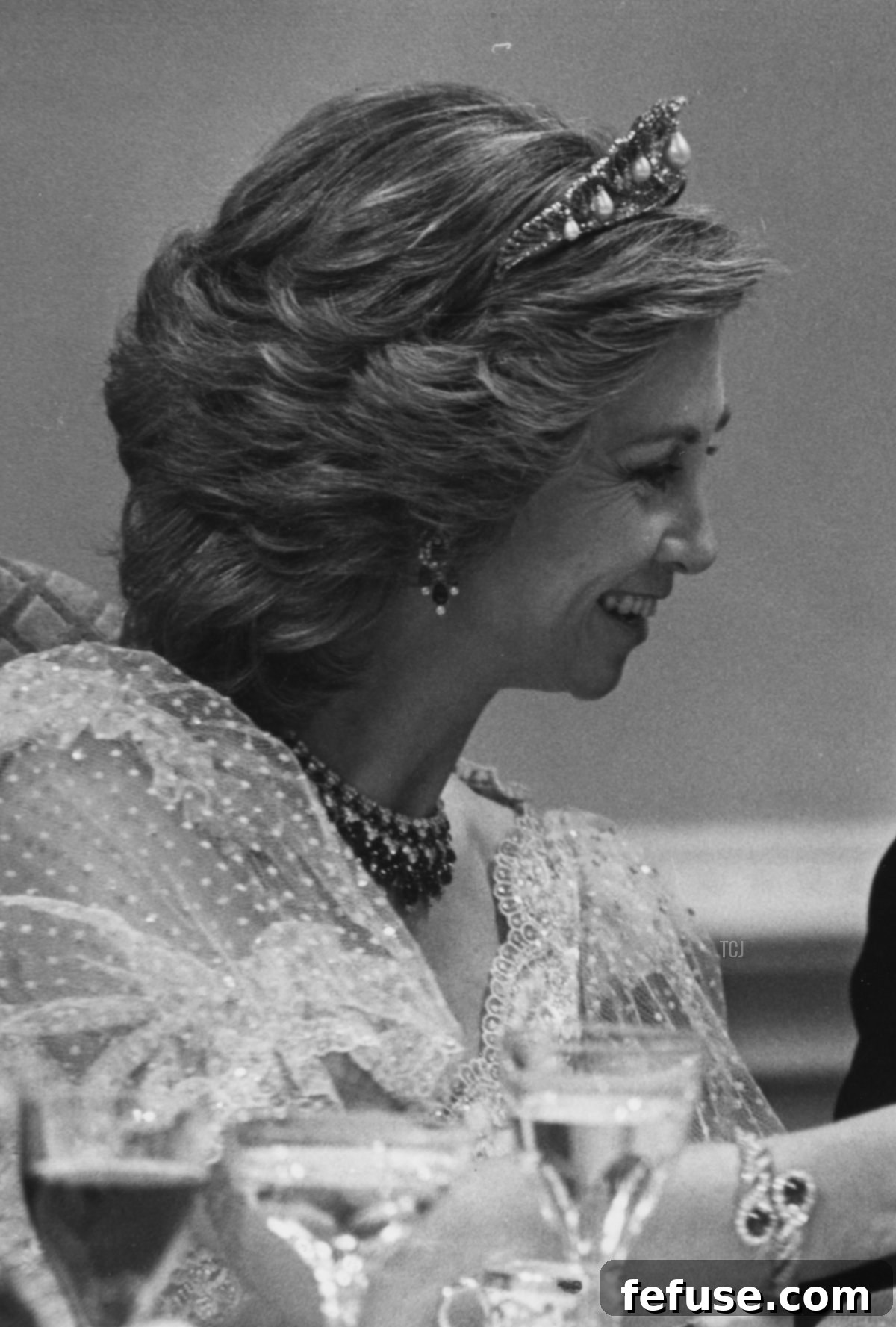 Queen Sofia of Spain wearing the sapphire and diamond suite with the Mellerio Shell Tiara in Canada, circa 1975.