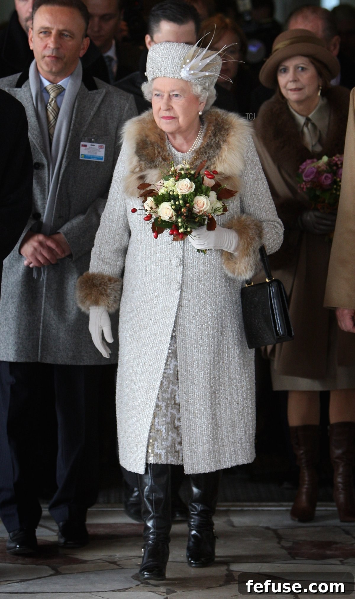 Queen Elizabeth II arriving at Hrebienok Ski Resort via funicular railway during her tour of Slovakia on October 24, 2008.