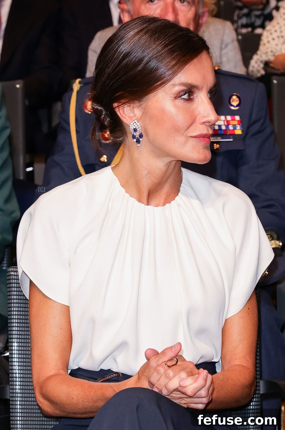 Queen Letizia Dazzles in Diamonds and Sapphires in Barcelona 12 Queen Letizia wearing Queen Sofia's sapphire earrings at the Frankfurt Book Fair, October 18, 2022