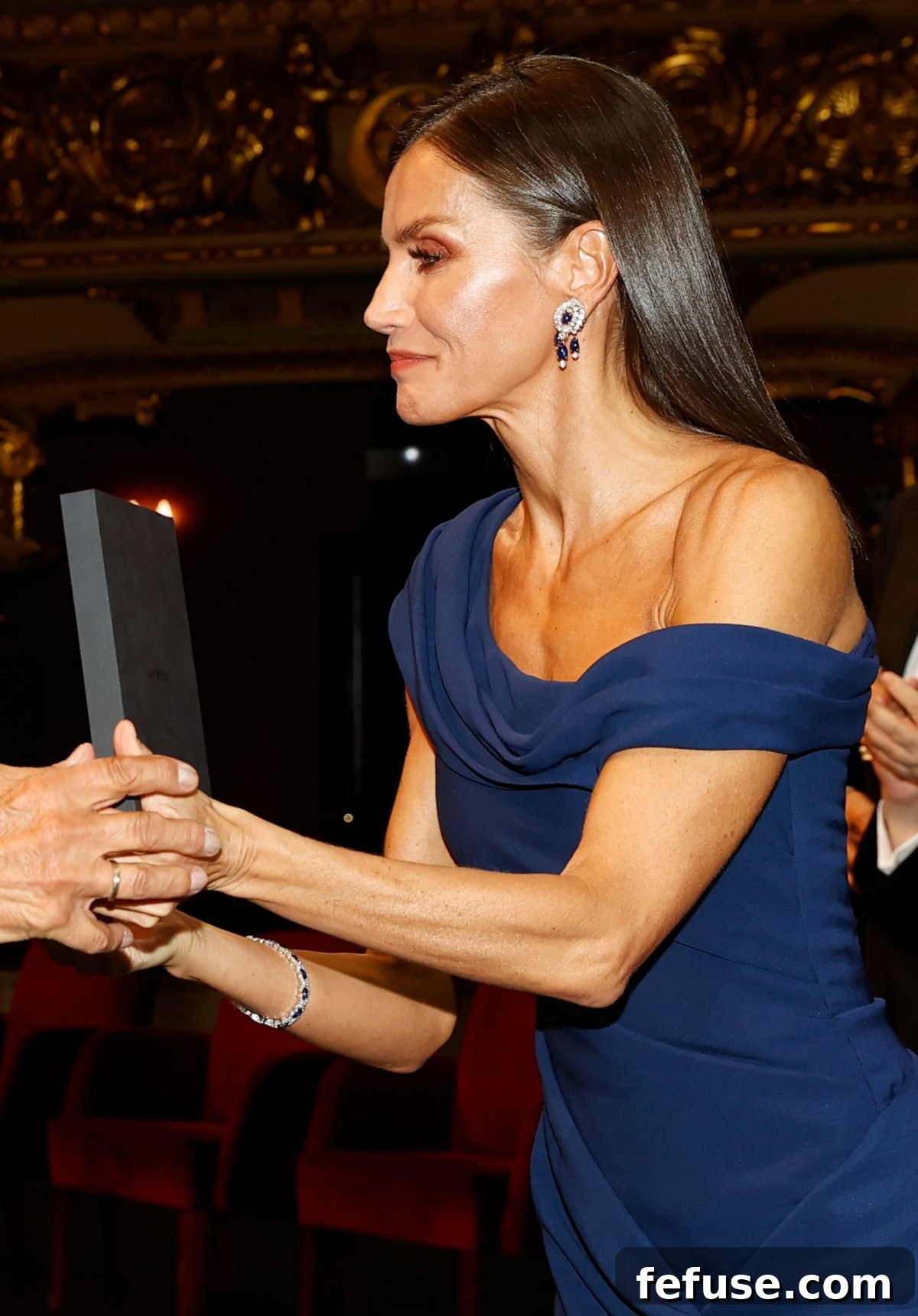 Queen Letizia Dazzles in Diamonds and Sapphires in Barcelona 13 Queen Letizia showcasing sapphire and diamond bracelet with her Karen Hallam ring, November 4, 2022