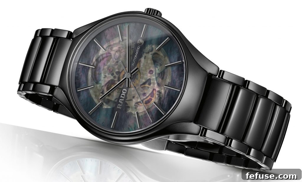 Rado True Open Heart watch in black ceramic and black mother-of-pearl