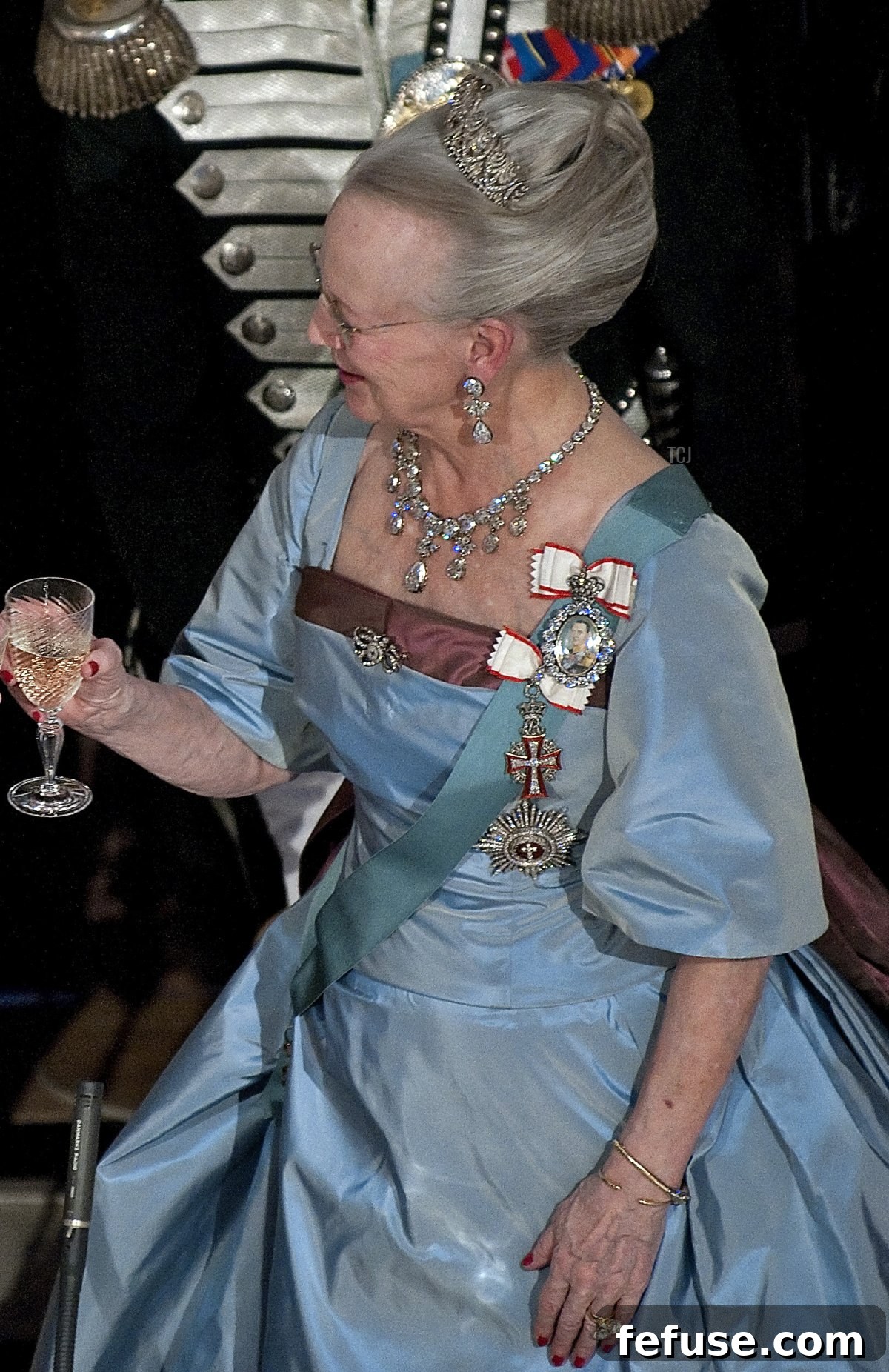 Queen Margrethe II of Denmark toasts the President of Russia on April 27, 2010 during a gala dinner in Copenhagen (KELD NAVNTOFT/AFP via Getty Images)