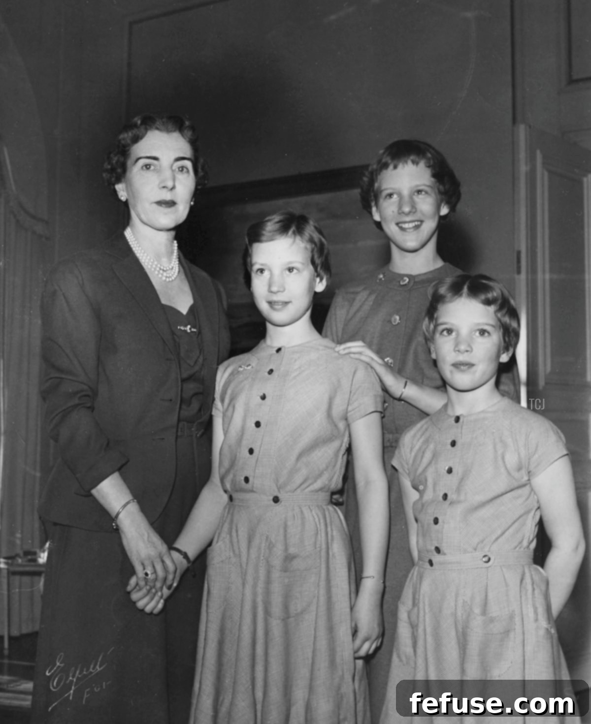Portrait of the Danish Royal Family; Queen Ingrid with her daughters (L-R) Princess Benedikte, Princess Margrethe and Princess Anne-Marie, at the Royal Palace at Amalienborg, Copenhagen, April 19th 1955 (Keystone/Hulton Archive/Getty Images)