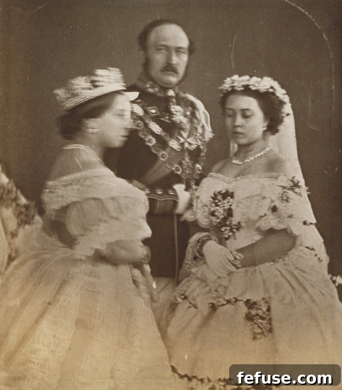 Queen Victoria, the Prince Consort and Victoria, Princess Royal in the dress they wore at the marriage of Princess Royal, photographed by Thomas Richard Williams, 1858 (Royal Collection)