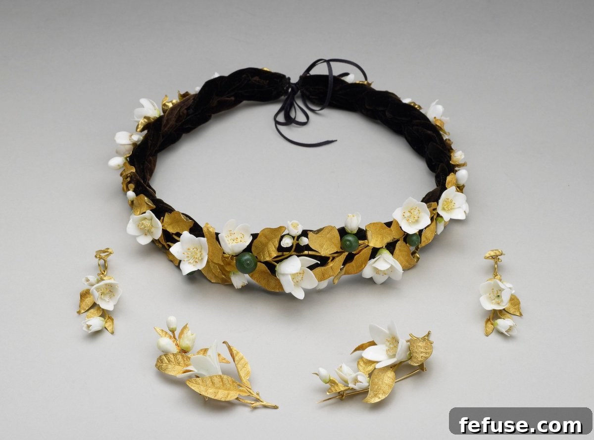 Headdress, earrings, and brooches from the orange blossom parure, 1846 (Royal Collection)