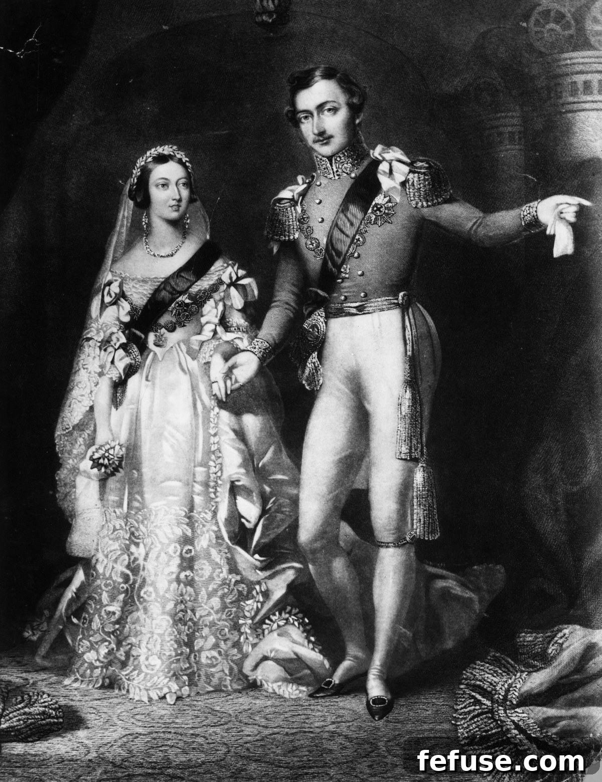 Stylized engraving of Queen Victoria and Prince Albert on their wedding day, 1840, by S. Reynolds after F. Lock (Wikimedia Commons)