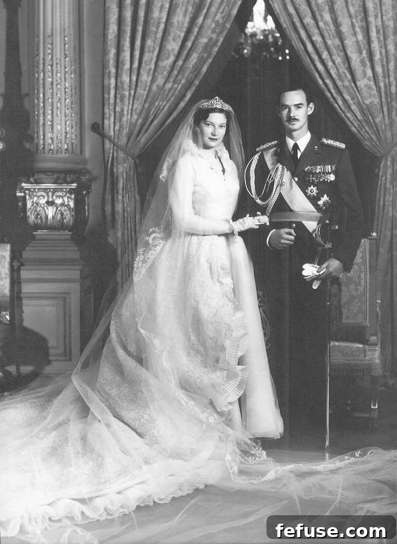 Official wedding portrait of Hereditary Grand Duke Jean of Luxembourg and Princess Joséphine-Charlotte of Belgium, April 9, 1953