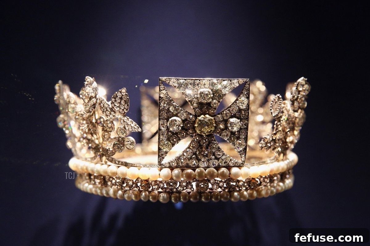 The Diamond Diadem, a dazzling piece of royal headwear, displayed at a Buckingham Palace exhibition celebrating Queen Elizabeth II's coronation anniversary. (Oli Scarff/Getty Images)