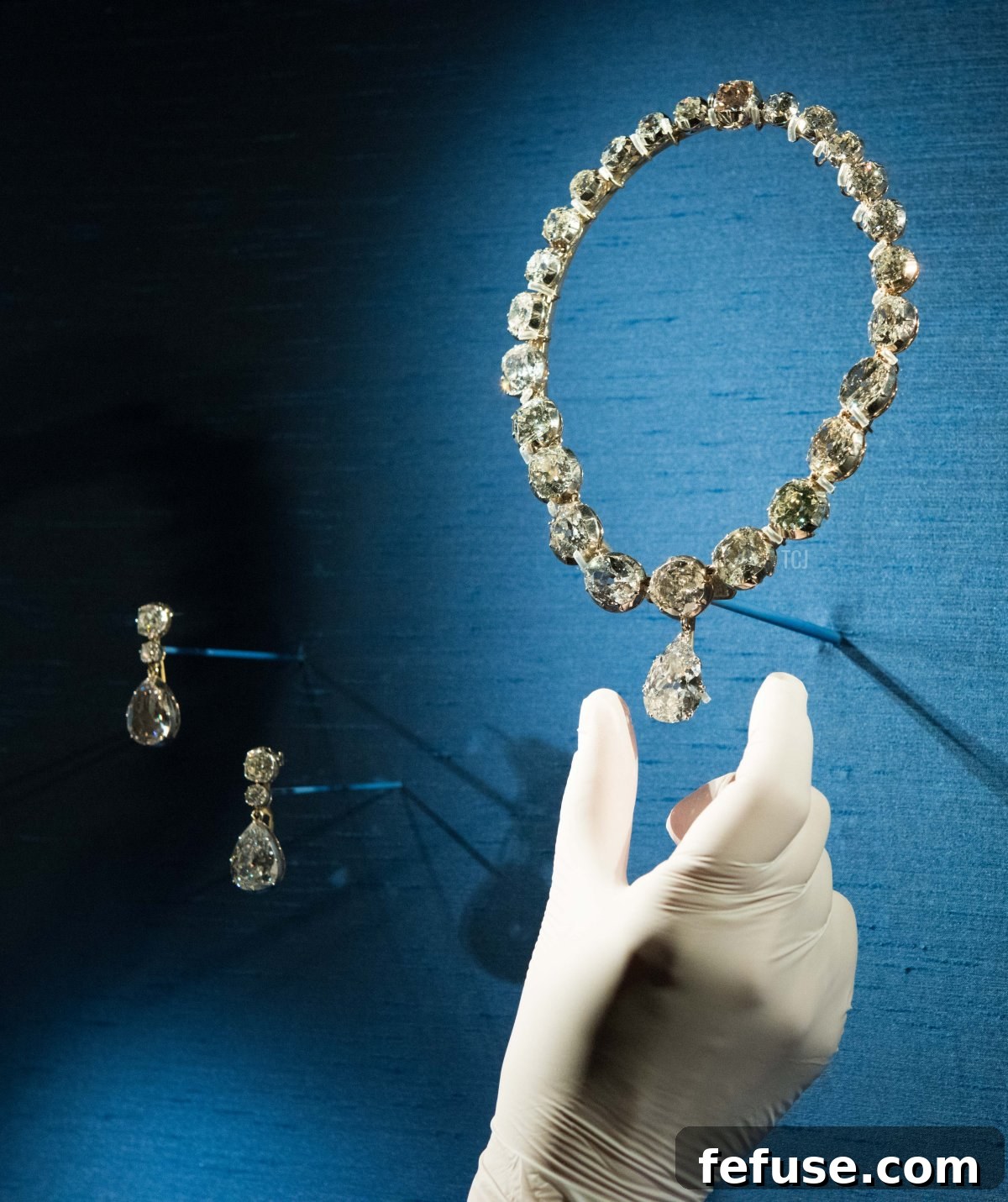 The Coronation Necklace and Earrings, magnificent royal jewels, exhibited at Windsor Castle during a special display on Queen Elizabeth II's Coronation. (Nicky J Sims/Getty Images)