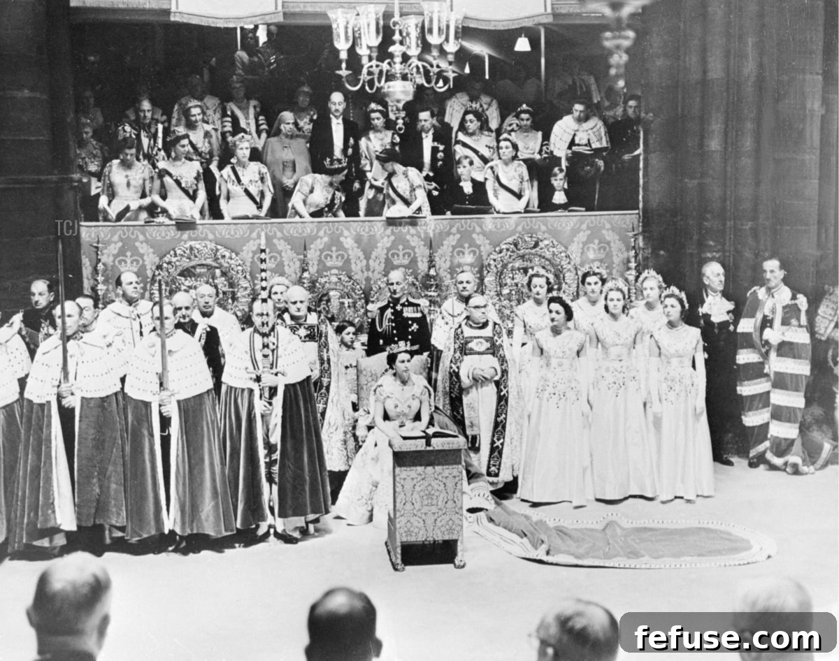Queen Elizabeth II seated in Westminster Abbey on her Coronation Day, June 2, 1953, with members of the Royal Family observing from the Royal Box. (INTERCONTINENTALE/AFP via Getty Images)