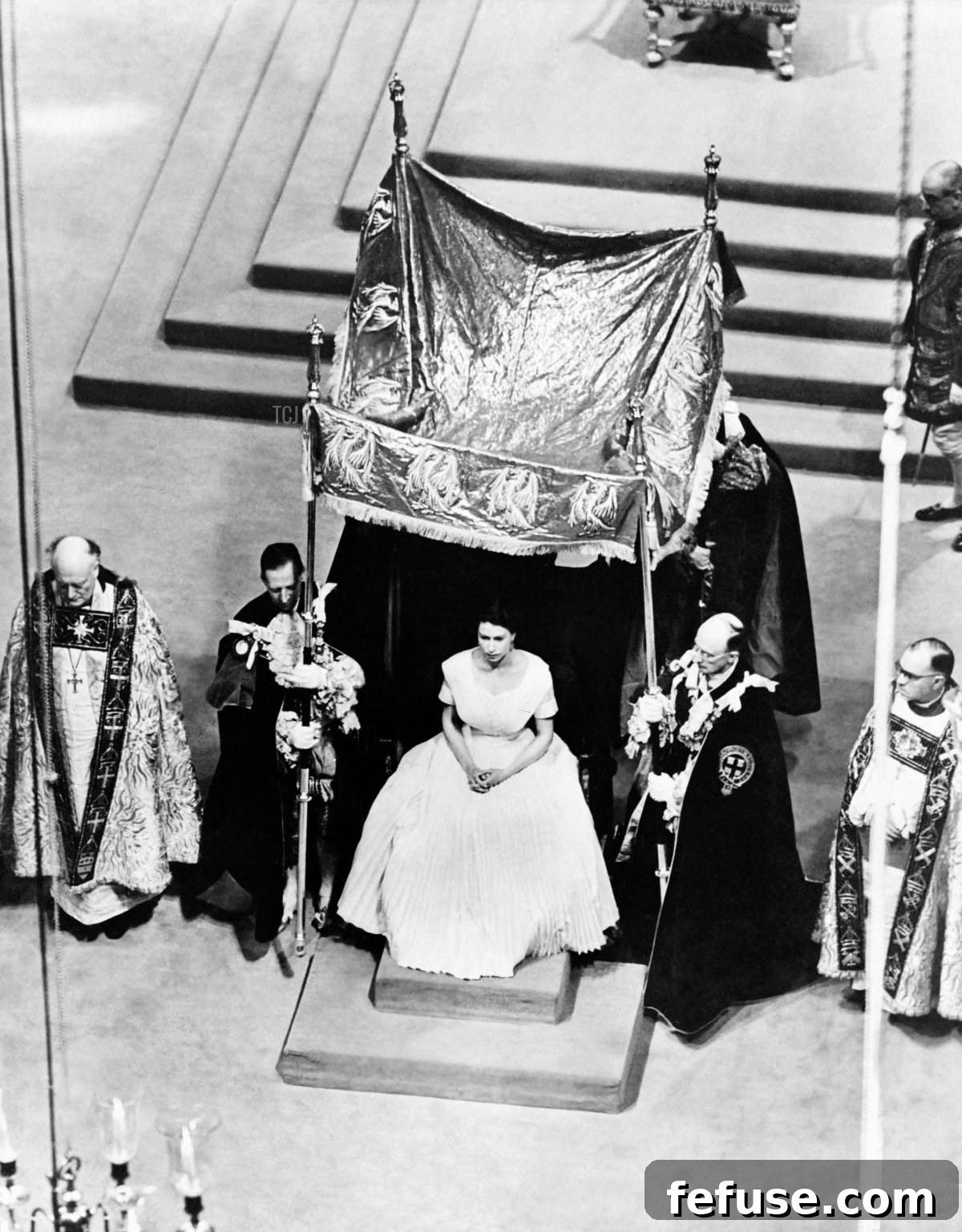 Queen Elizabeth II under a canopy of cloth of gold, moments before her anointing by the Archbishop of Canterbury at her Coronation in Westminster Abbey, 1953. (INTERCONTINENTALE/AFP via Getty Images)