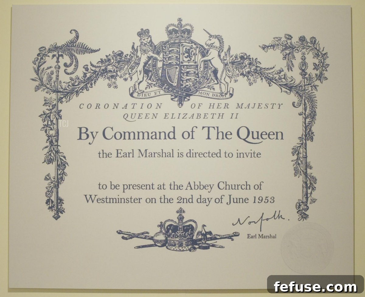 An official invitation to the historic 1953 coronation ceremony of Queen Elizabeth II, displayed at Buckingham Palace, London. (Steve Finn/Getty Images)