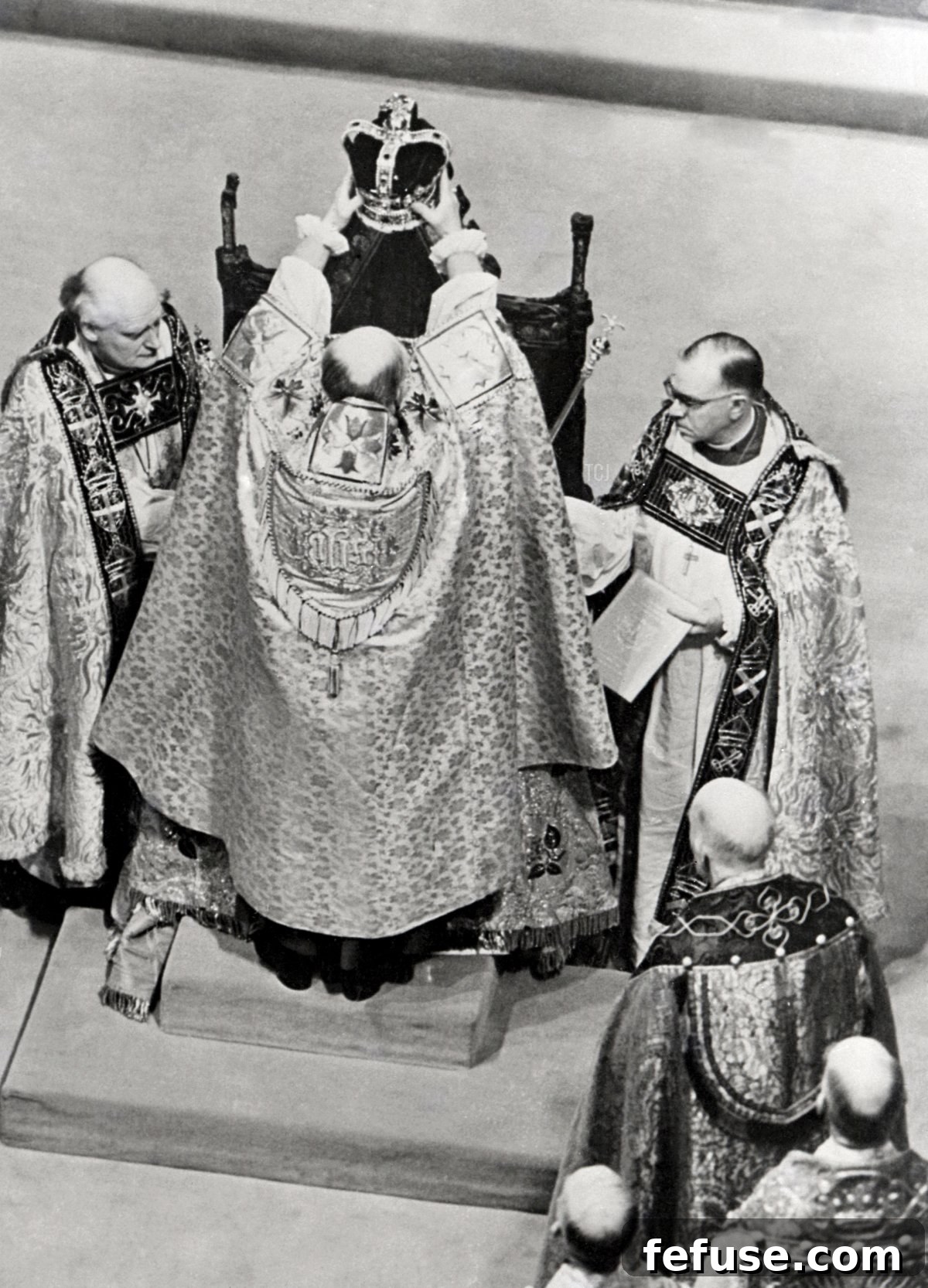 The Archbishop of Canterbury crowning Queen Elizabeth II with St. Edward's Crown at Westminster Abbey, June 2, 1953, a truly iconic moment. (AFP via Getty Images)