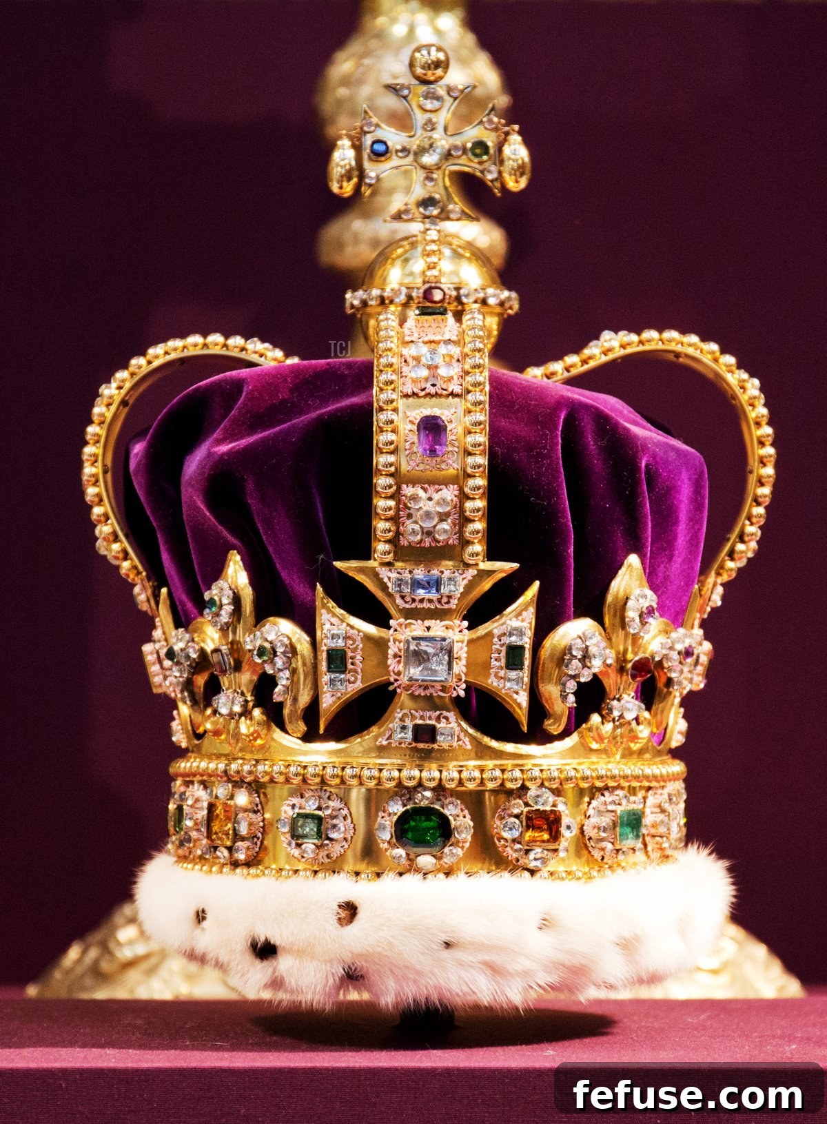 St. Edward's Crown, adorned with hundreds of precious gemstones, showcased at Westminster Abbey during a service commemorating Queen Elizabeth II's Coronation. (Jack Hill - WPA Pool/Getty Images)