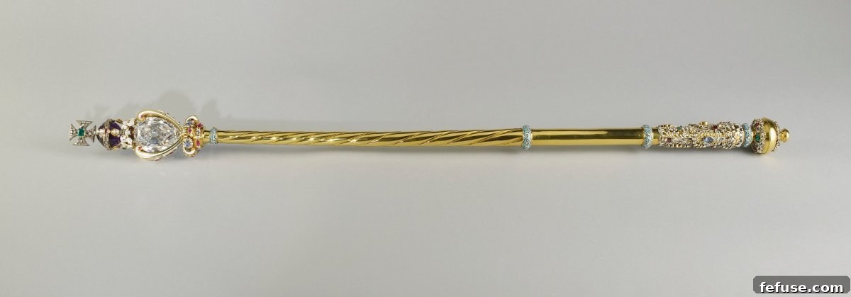 The Sovereign's Sceptre with Cross, featuring the Cullinan I Diamond, a significant piece of royal regalia. (Royal Collection Trust)