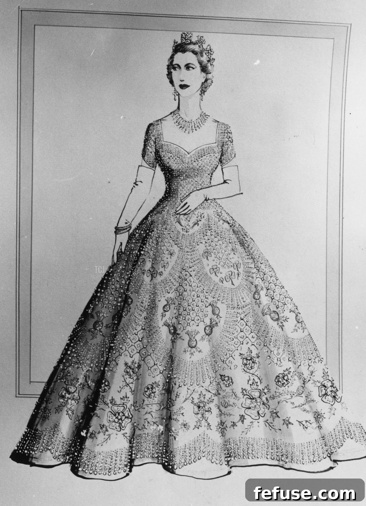 Original design sketch by Norman Hartnell for Queen Elizabeth II's Coronation dress, June 1953, showcasing his artistic vision. (Haywood Magee/Picture Post/Getty Images)