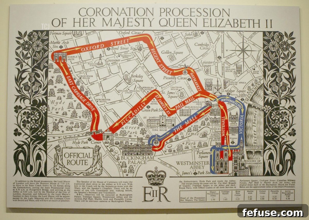 A map outlining the intricate route of Queen Elizabeth II's 1953 Coronation procession through London, displayed at Buckingham Palace. (Steve Finn/Getty Images)
