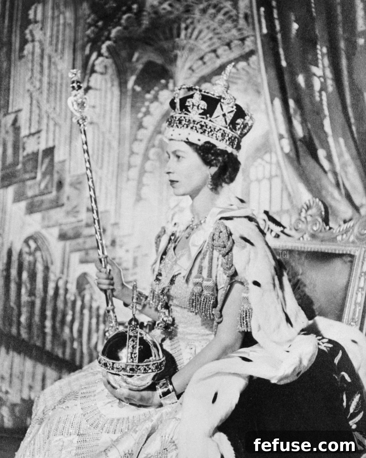 Official Coronation portrait of Queen Elizabeth II by Cecil Beaton, June 2, 1953, featuring the Imperial State Crown, Sceptre, and Orb, with a painted Westminster Abbey backdrop. (INTERCONTINENTALE/AFP via Getty Images)