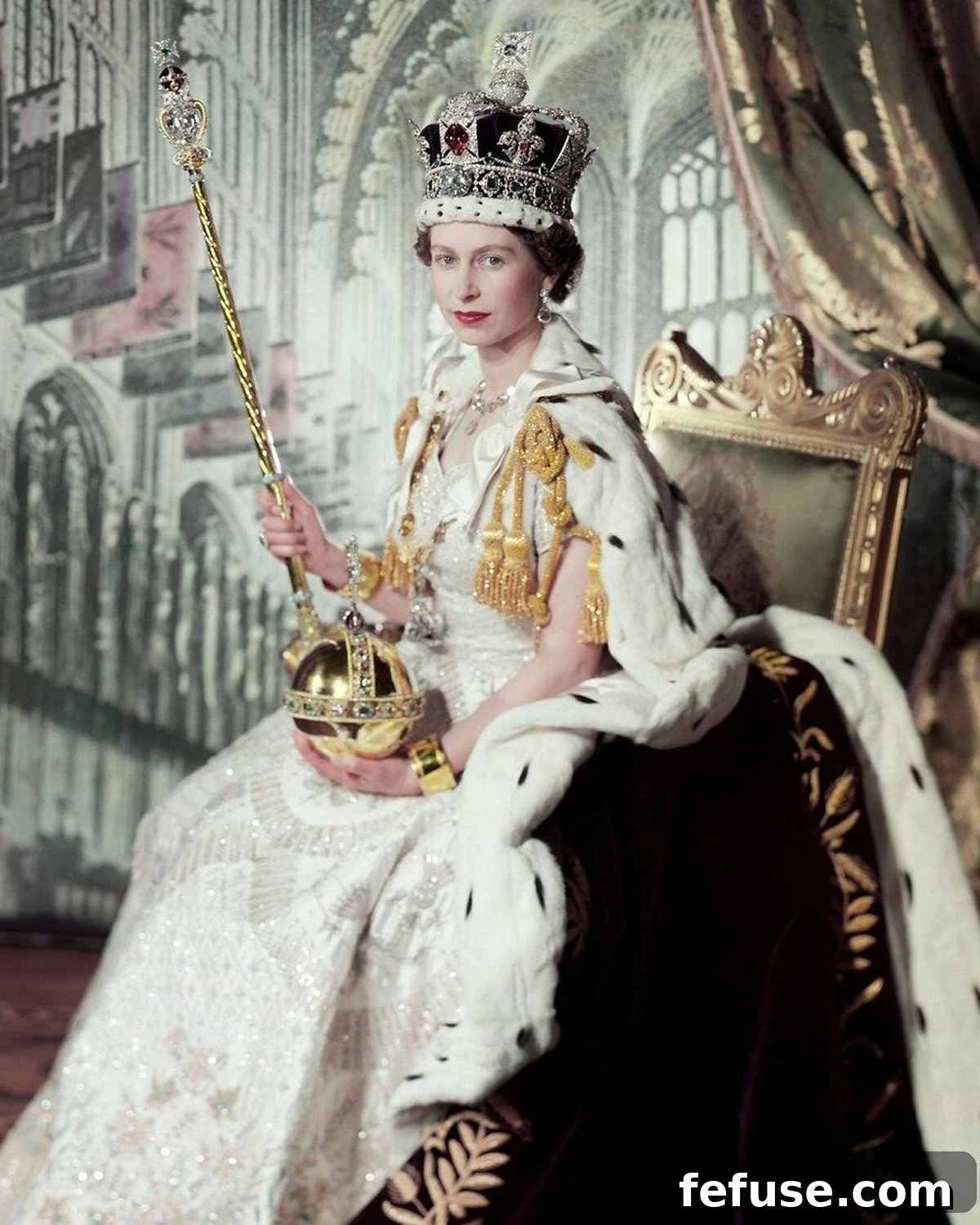 Color Coronation portrait of Queen Elizabeth II, June 1953, London, England, showcasing the vibrant details of her regalia. (Royal Collection Trust)