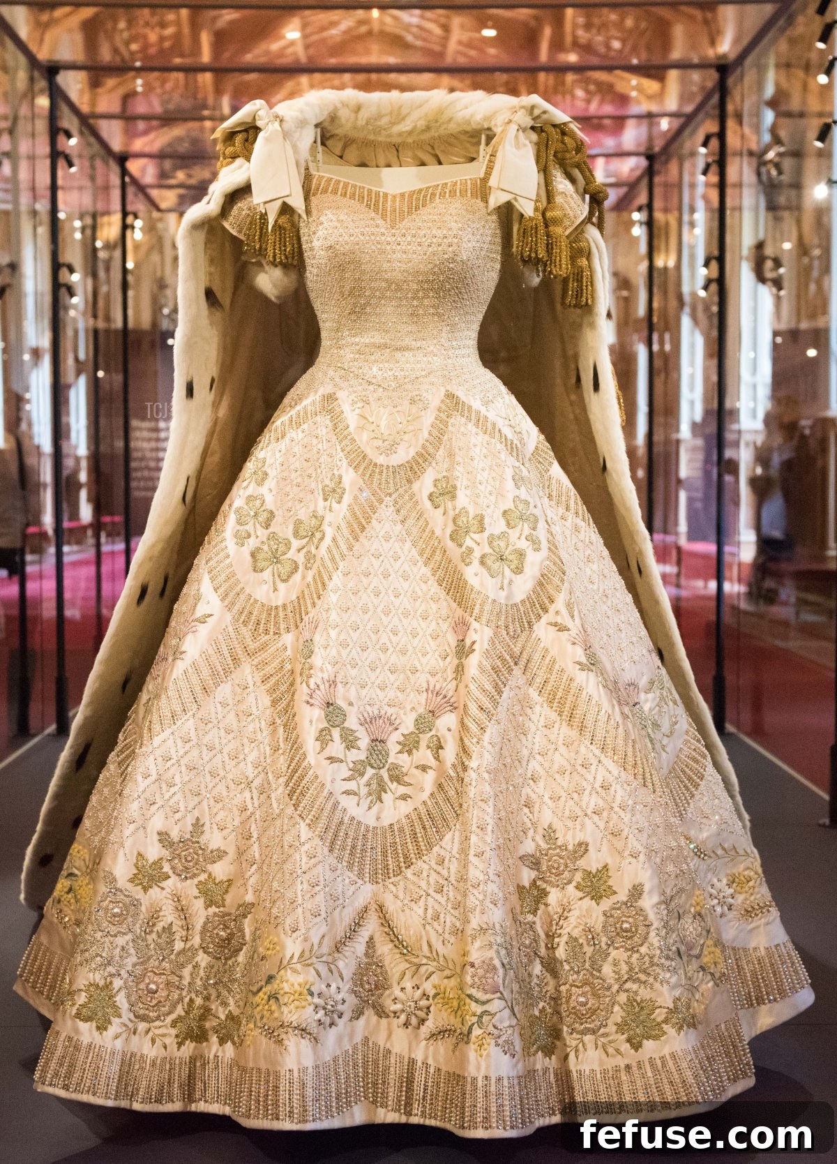 Queen Elizabeth II's Coronation dress and robes showcased at a special exhibition at Windsor Castle, commemorating the 1953 Coronation. (Nicky J Sims/Getty Images)