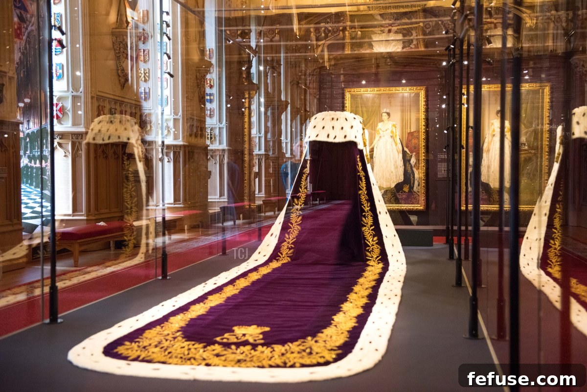 Queen Elizabeth II's Robe of Estate, a lavish purple velvet garment trimmed with ermine and gold embroidery, on display at Windsor Castle. (Nicky J Sims/Getty Images)