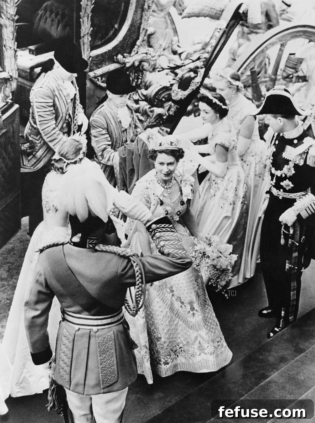 Queen Elizabeth II arriving for her Coronation at Westminster Abbey on June 2, 1953, in London, regal and poised. (AFP via Getty Images)