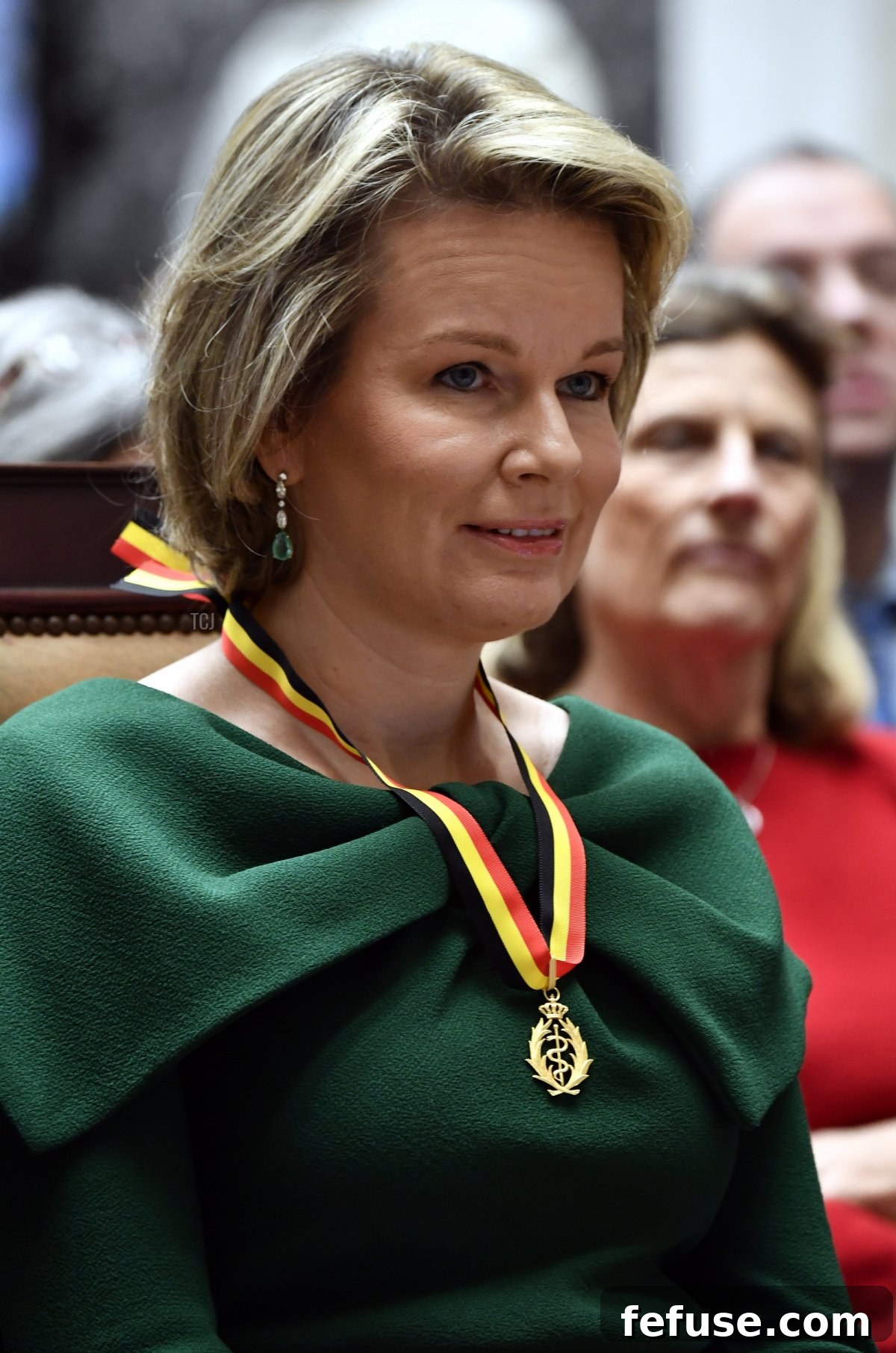 Queen Mathilde of the Belgians is made an honorary member of the Belgian Royal Academy for Medicine, wearing her notable emerald earrings, February 2019. (ERIC LALMAND/AFP via Getty Images)
