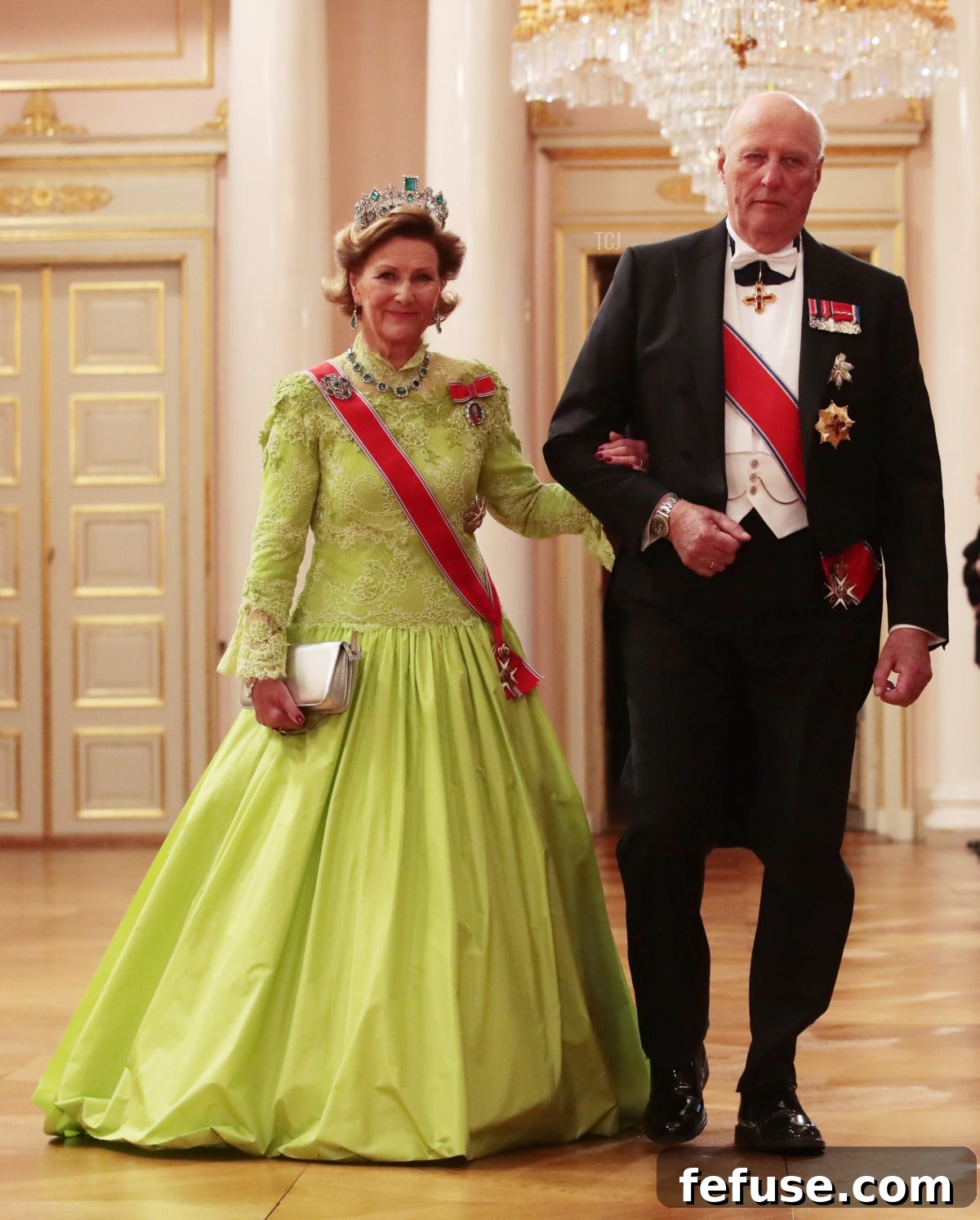 King Harald V and Queen Sonja of Norway arrive for a gala dinner at the Royal Palace in Oslo celebrating their 80th birthdays on May 9, 2017 (HAAKON MOSVOLD LARSEN/AFP via Getty Images)