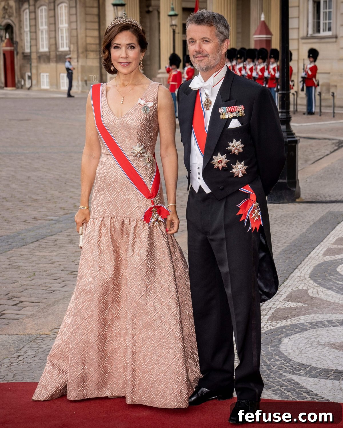 Crown Prince Frederik and Crown Princess Mary of Denmark arrive ahead of a gala dinner at Amalienborg Palace in Copenhagen on June 15, 2023 (MADS CLAUS RASMUSSEN/Ritzau Scanpix/AFP via Getty Images)