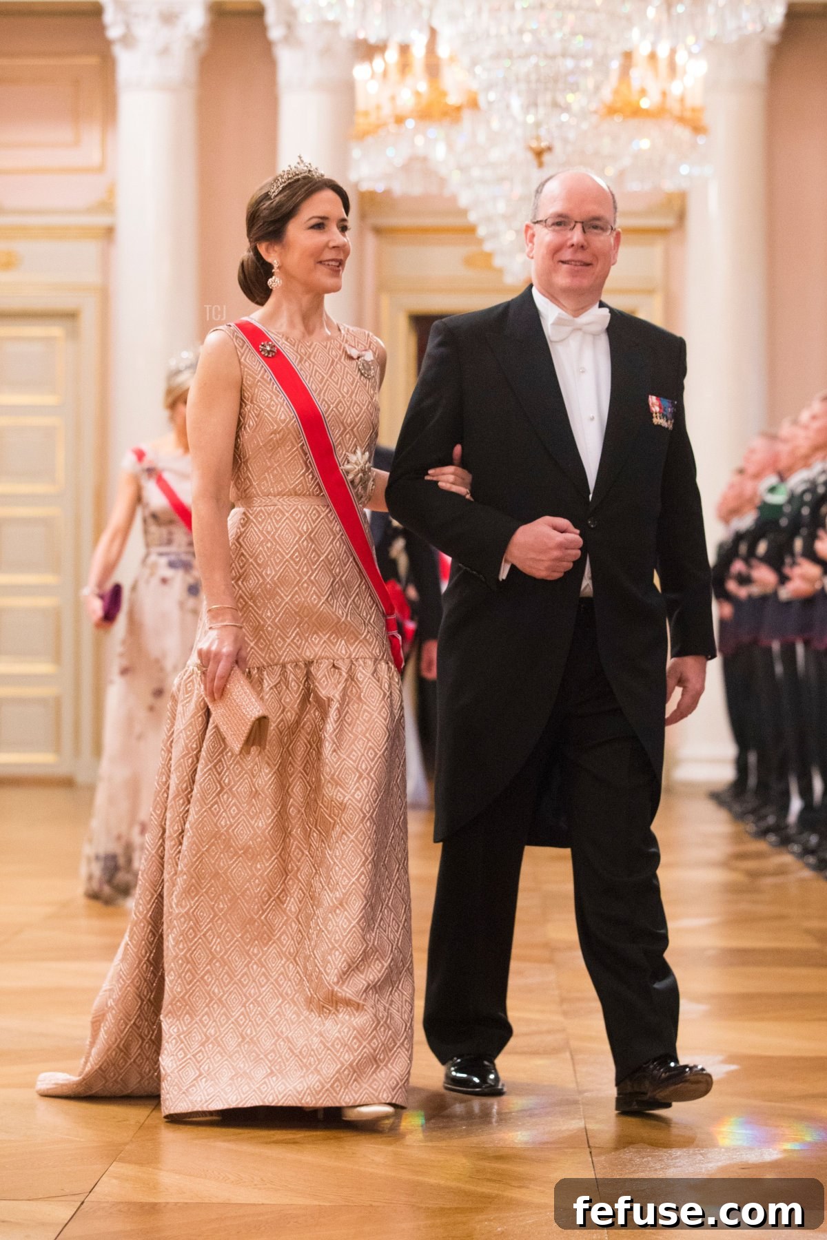 Crown Princess Mary of Denmark and Prince Albert II of Monaco arrive for a gala dinner at the Royal Palace in Oslo celebrating their 80th birthdays on May 9, 2017 (HAAKON MOSVOLD LARSEN/AFP via Getty Images)