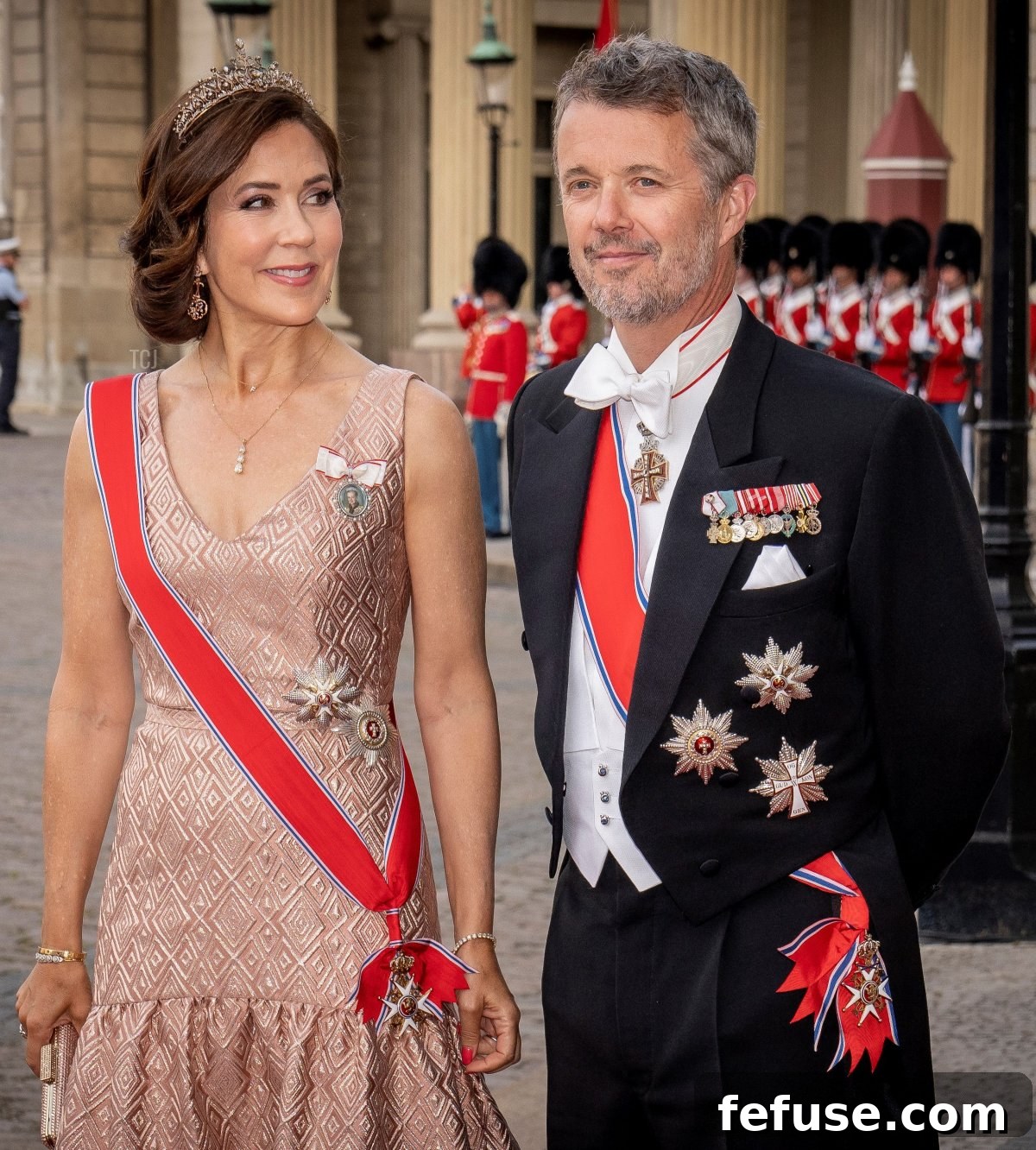 Crown Prince Frederik and Crown Princess Mary of Denmark arrive ahead of a gala dinner at Amalienborg Palace in Copenhagen on June 15, 2023 (MADS CLAUS RASMUSSEN/Ritzau Scanpix/AFP via Getty Images)