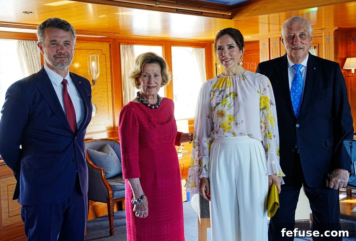Crown Prince Frederik of Denmark, Queen Sonja of Norway, Crown Princess Mary of Denmark, and King Harald V of Norway pose on board the royal yacht Norge in Aarhus on June 16, 2023 (BO AMSTRUP/Ritzau Scanpix/AFP via Getty Images)