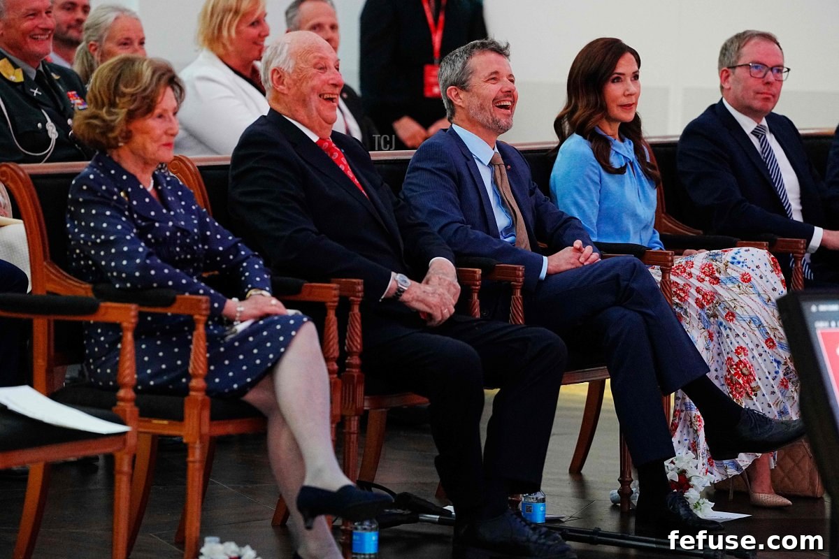 Queen Sonja and King Harald V of Norway and Crown Prince Frederik and Crown Princess Mary of Denmark attend the opening of a business conference at Danish Industry in Copenhagen on June 15, 2023 (LISELOTTE SABROE/Ritzau Scanpix/AFP via Getty Images)