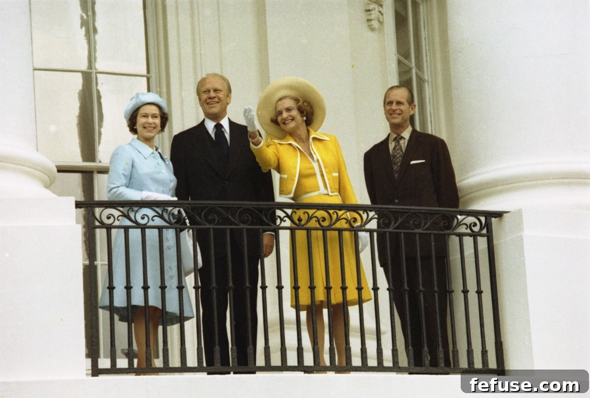 Queen Elizabeth II, President Gerald Ford, First Lady Betty Ford, and Prince Philip are pictured on the Truman Balcony at the White House in Washington, D.C., July 7, 1976