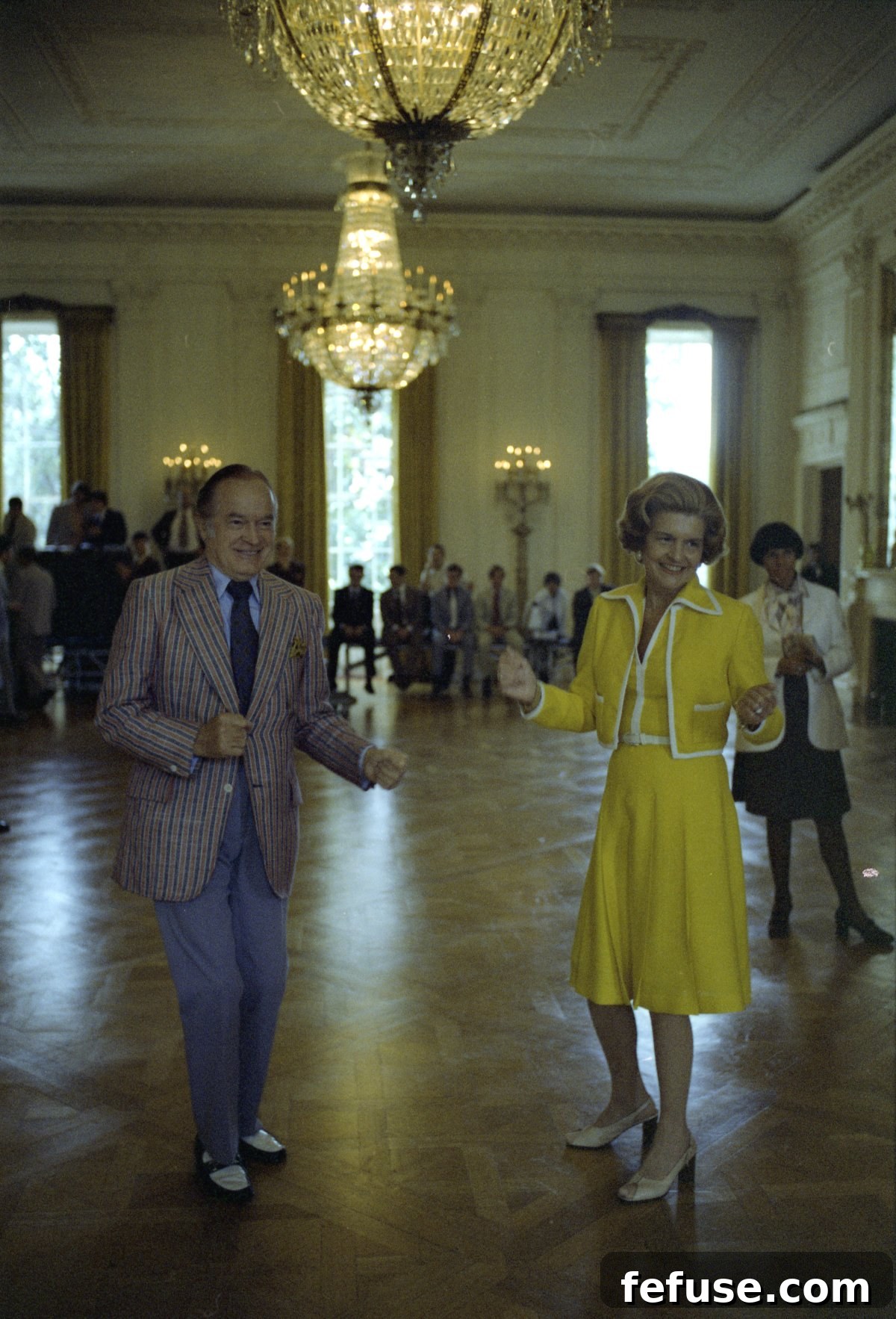 First Lady Betty Ford and Bob Hope dance during preparations for a state dinner at the White House in Washington, D.C., July 7, 1976