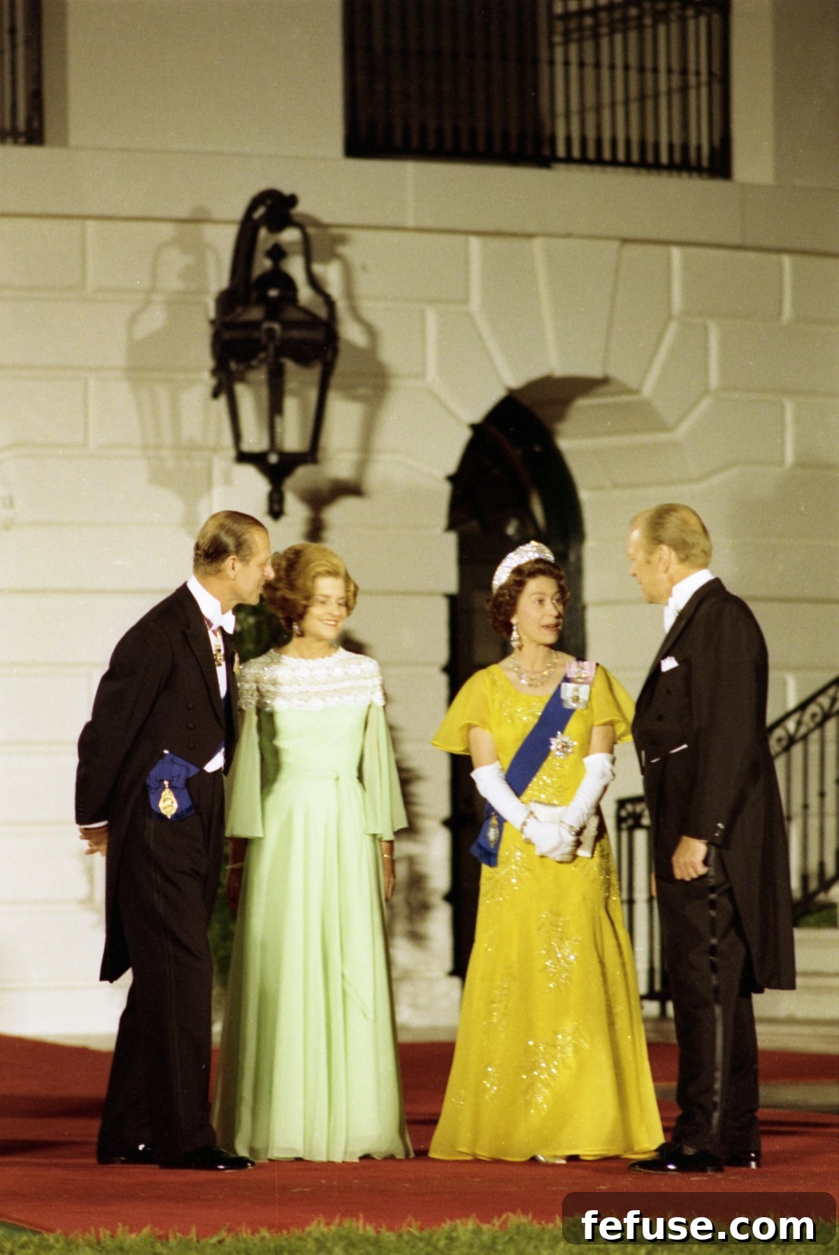 Prince Philip, First Lady Betty Ford, Queen Elizabeth II, and President Gerald Ford attend a state dinner at the White House in Washington, D.C., July 7, 1976