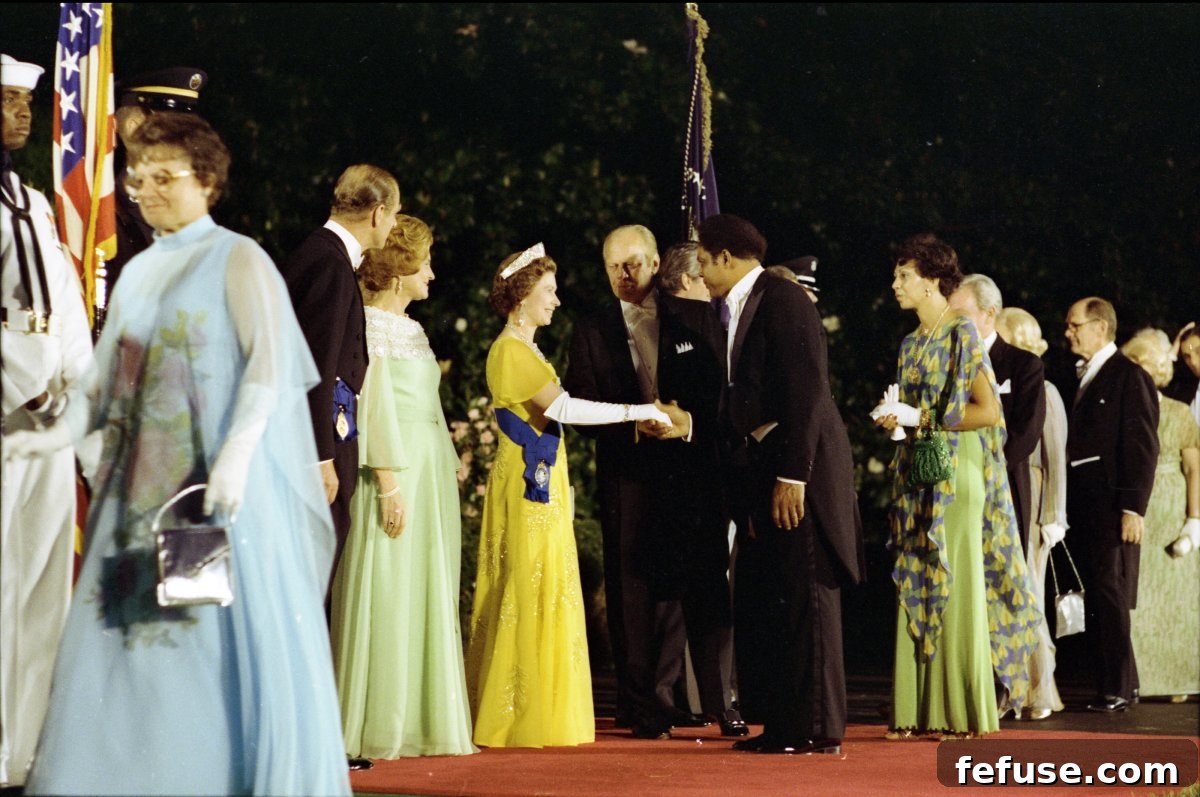 Prince Philip, First Lady Betty Ford, Queen Elizabeth II, and President Gerald Ford greet guests in a receiving line before a state dinner at the White House in Washington, D.C., July 7, 1976