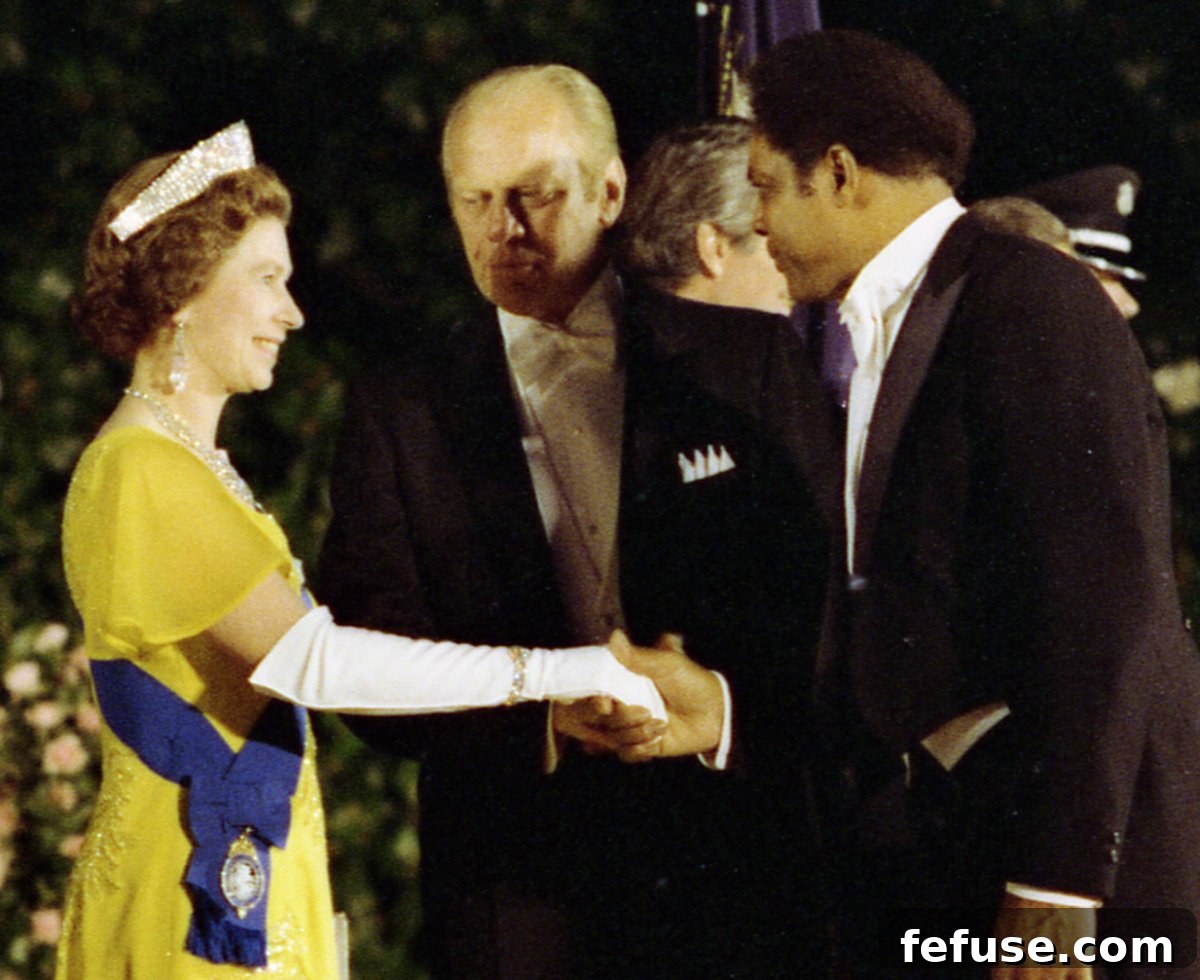 Queen Elizabeth II meets Willie Mays before a state dinner at the White House in Washington, D.C., July 7, 1976