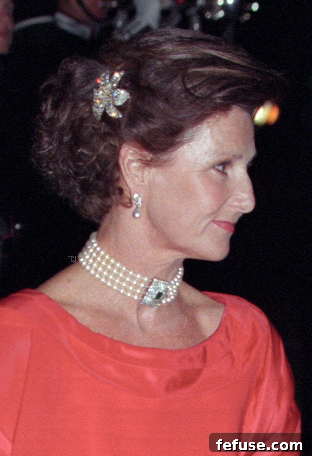 King Harald V and Queen Sonja of Norway attend a dinner at the Norwegian ambassador's residence in Washington, October 1995 (Terje Bendiksby/NTB/Alamy)
