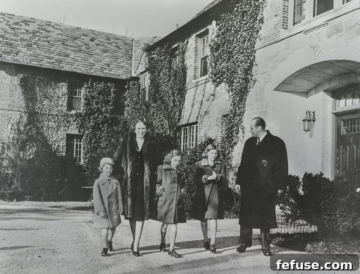 Prince Harald, Crown Princess Martha, Princess Astrid, Princess Ingeborg, and Crown Prince Olav of Norway are photographed in 1942 outside Pook's Hill in Bethesda, Maryland, where they lived for much of World War II (National Archives of Norway/Wikimedia Commons)