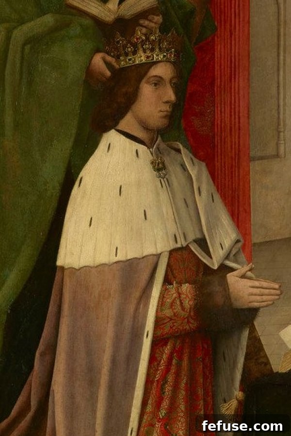 King James III of Scotland is depicted wearing a pre-renovation version of the Crown of Scotland in Hugo van der Goes's Trinty Altarpiece, ca. 1480 (Wikimedia Commons)
