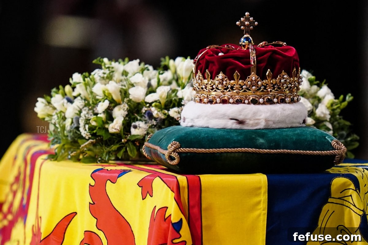 The Crown of Scotland sits atop the coffin of Queen Elizabeth II inside St Giles Cathedral in Edinburgh on September 12, 2022, during a service of Thanksgiving for her life (JANE BARLOW/POOL/AFP via Getty Images)