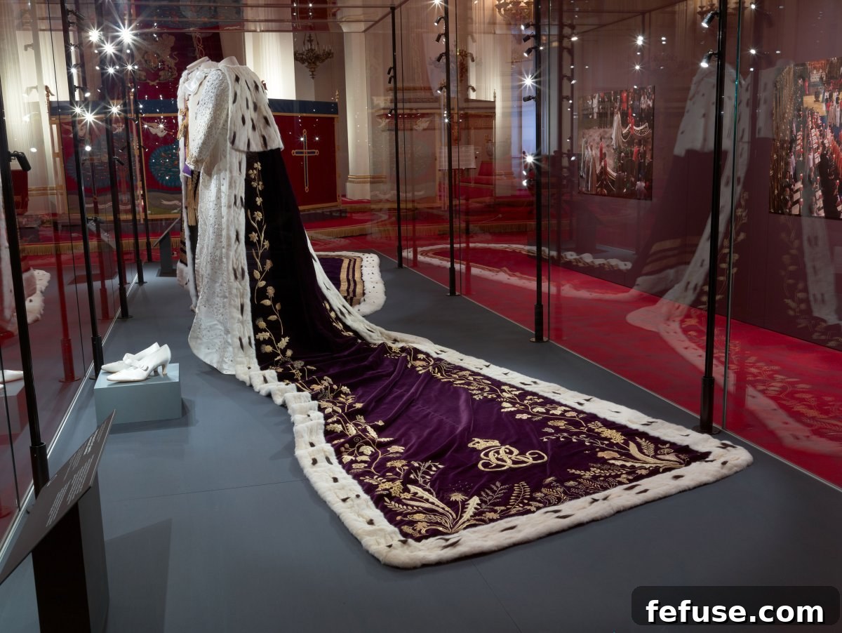 Queen Camilla's newly commissioned Robe of Estate, exquisitely embroidered with goldwork by the Royal School of Needlework, showcased at Buckingham Palace, July 2023. (Royal Collection Trust)