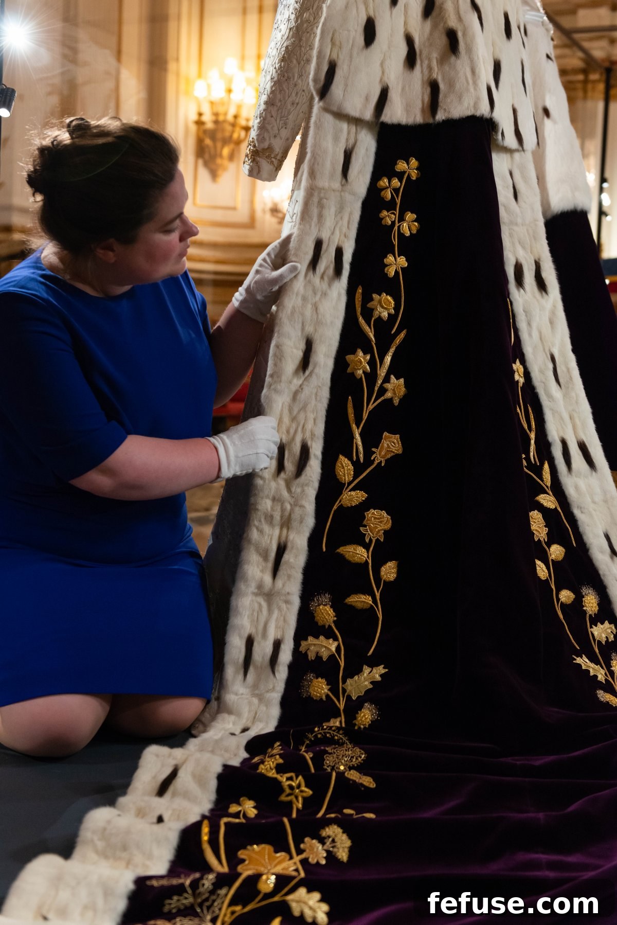 Detailed view of Queen Camilla's Robe of Estate embroidery, highlighting numerous personal floral motifs and insects, displayed at Buckingham Palace in July 2023. (Royal Collection Trust)