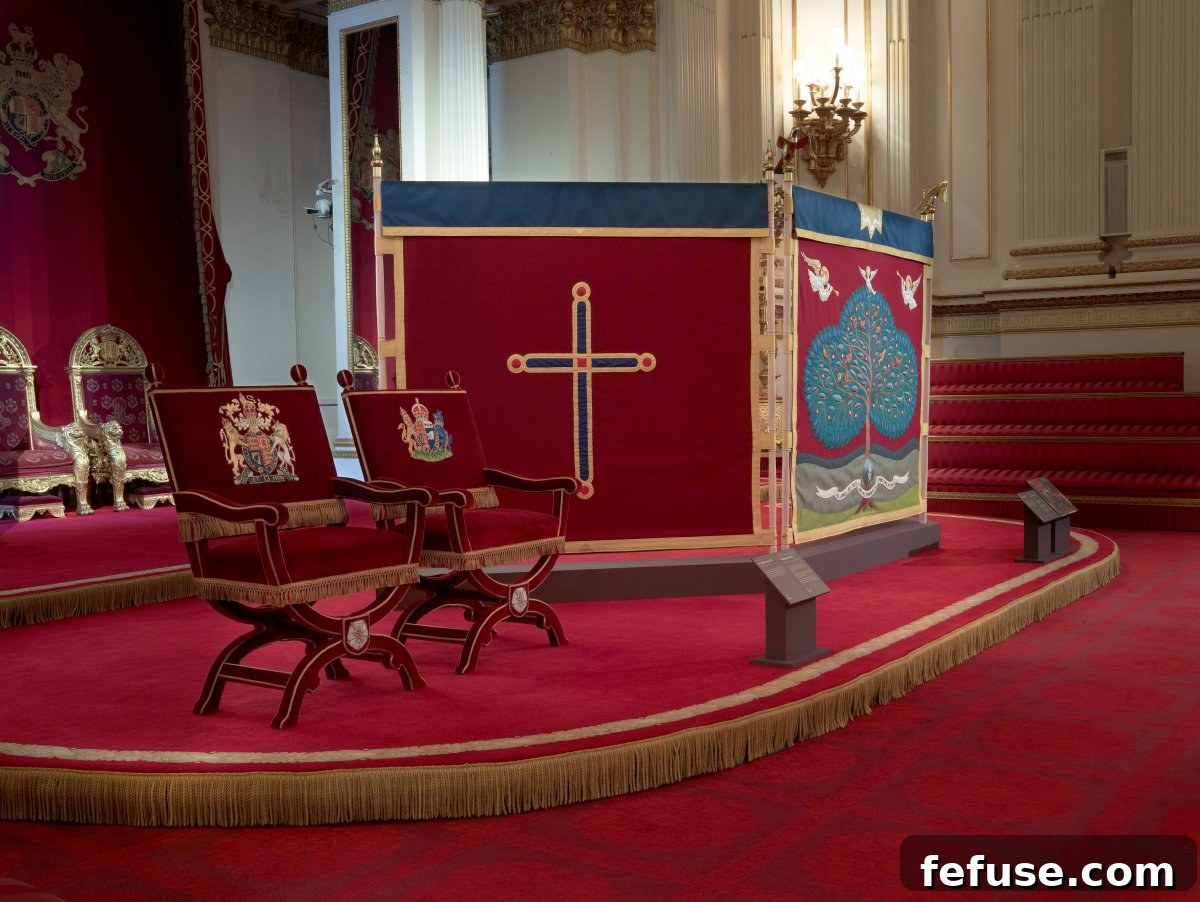 The historic Throne Chairs and the newly commissioned Anointing Screen, used during the Coronation of King Charles III and Queen Camilla, are exhibited at Buckingham Palace, July 2023. (Royal Collection Trust)