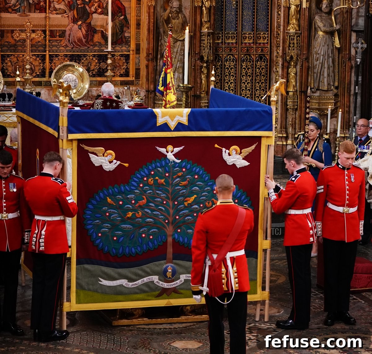 The newly created Anointing Screen, central to the sacred anointing ceremony of King Charles III at Westminster Abbey, is featured in the Buckingham Palace exhibition, July 2023. (Yui Mok - WPA Pool/Getty Images)