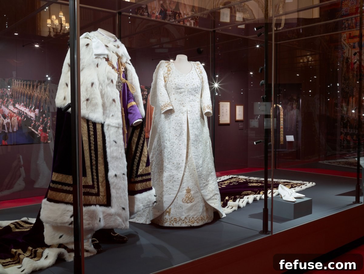 The ceremonial robes and attire worn by King Charles III during his Coronation, prominently featured in the Buckingham Palace summer exhibition in July 2023. (Royal Collection Trust)