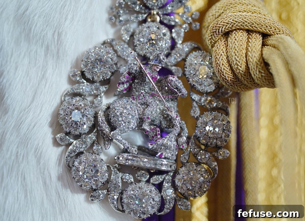 The Star, Collar, and Great George of the Order of the Garter, prominent pieces of ceremonial insignia from King Charles III's Coronation, displayed at Buckingham Palace in July 2023. (Yui Mok/PA Images/Alamy)