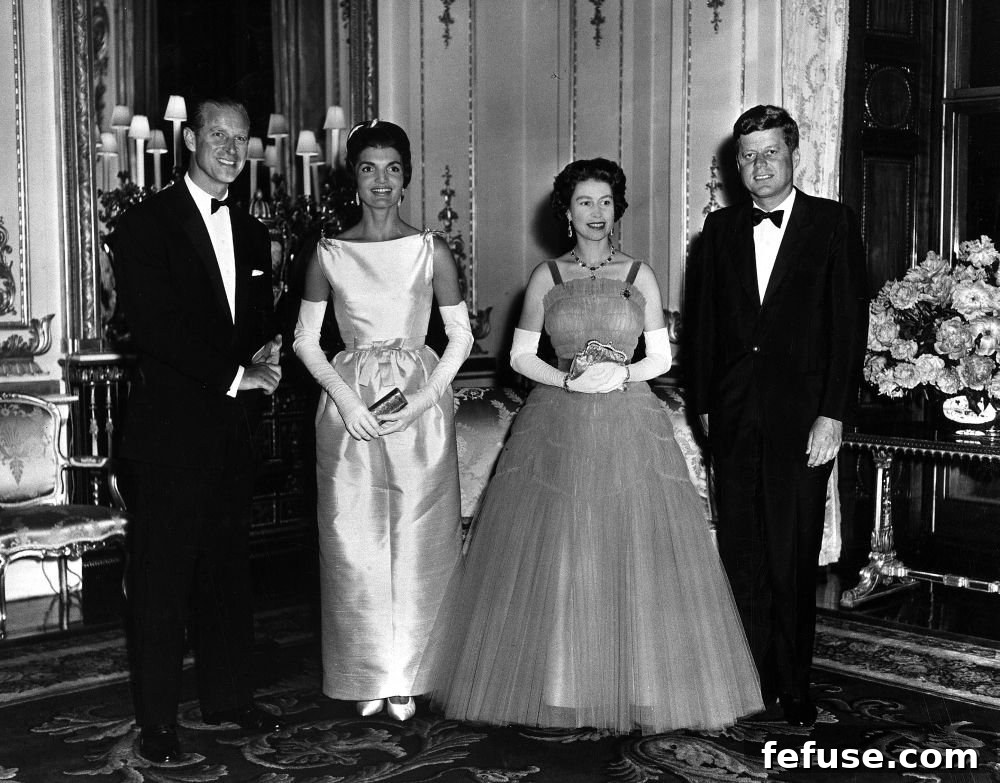 The Enduring Radiance of King George VI's Royal Sapphires 8 Prince Philip, Jacqueline Kennedy, Queen Elizabeth II, and President John F. Kennedy pose at Buckingham Palace in London, June 5, 1961 (Wikimedia Commons)